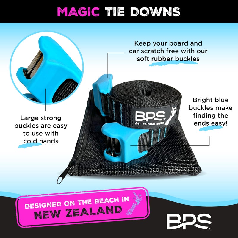 BPS â€˜Magicâ€™ Tie Down Straps for Roof Rack - â€˜No Scratchâ€™ 15 feet Tie Downs 2-Pack Surfboard Straps Silicone Buckle Cover with Storage Bag Made from Recycled Plastics â€“ SUP Kayak Canoe Paddle Board - Image 3